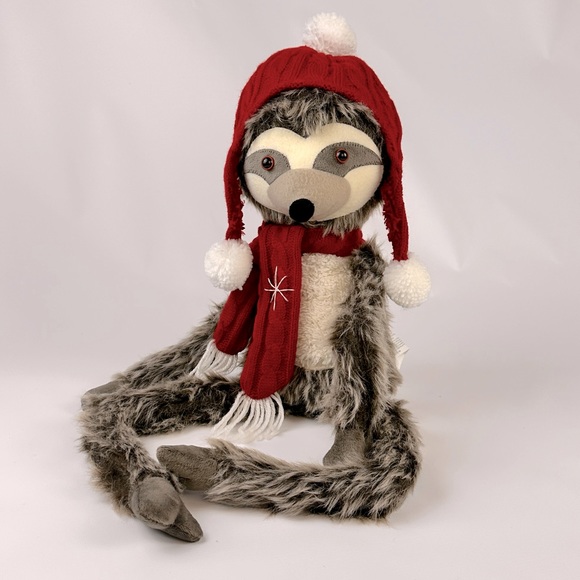 Winter Holiday Sloth. Wearing Red & White Winter Hat and Scarf. Weighted Bottom - Picture 1 of 7